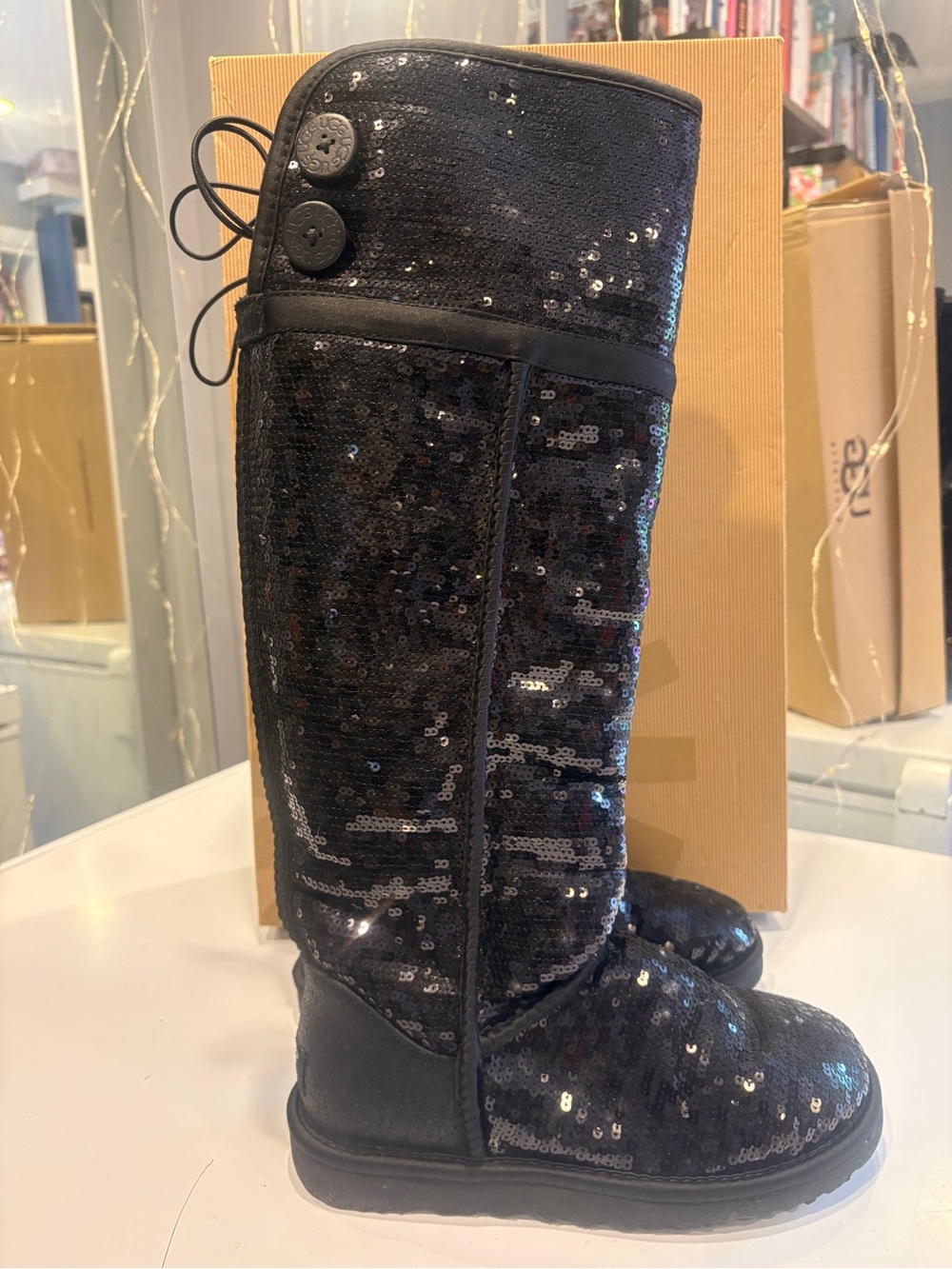 UGG Womens Over-the-Knee Bailey Button Sparkles Boots - Black